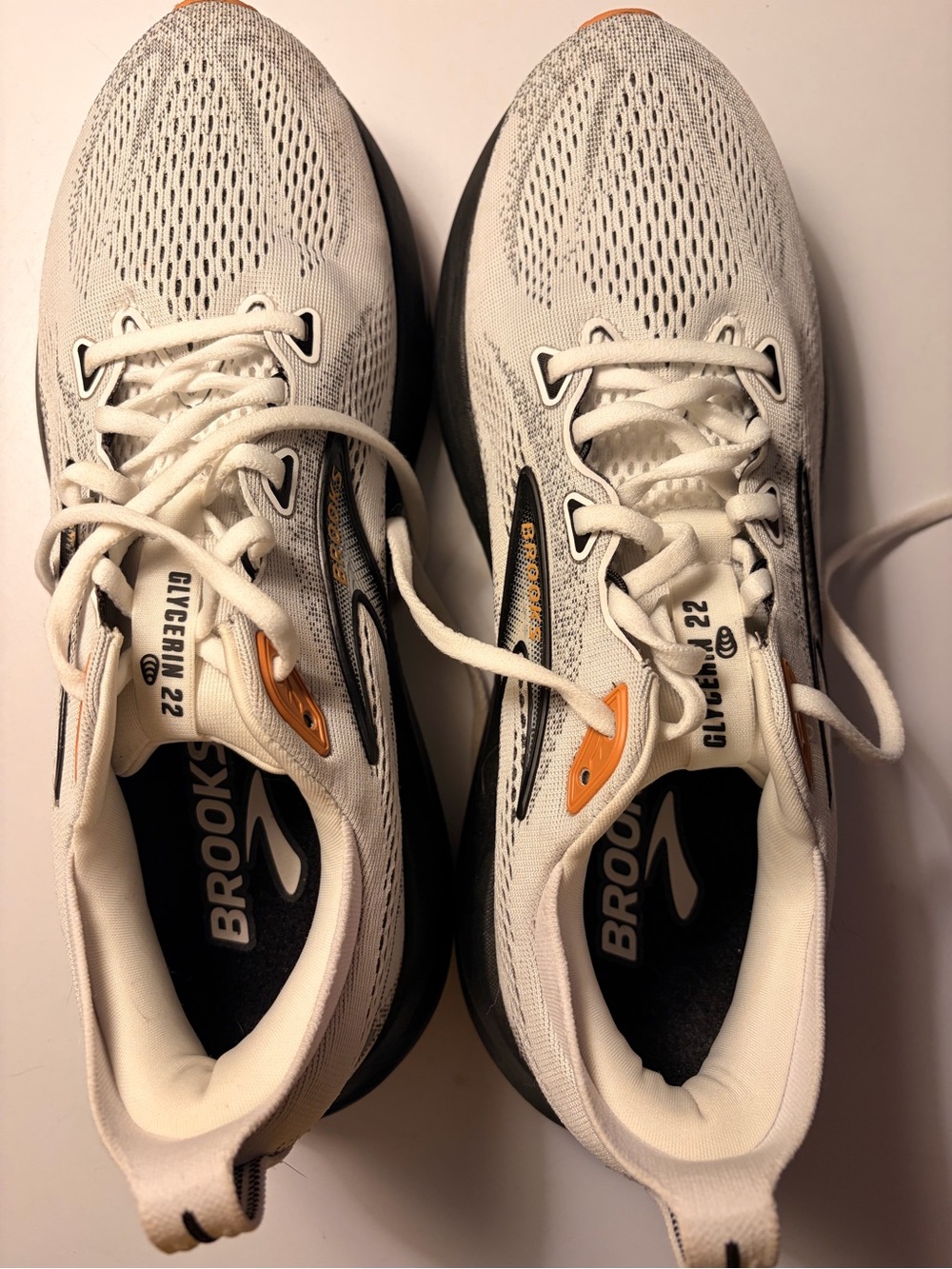 Brooks Glycerin 22 White Running Shoes with Black & Orange Details